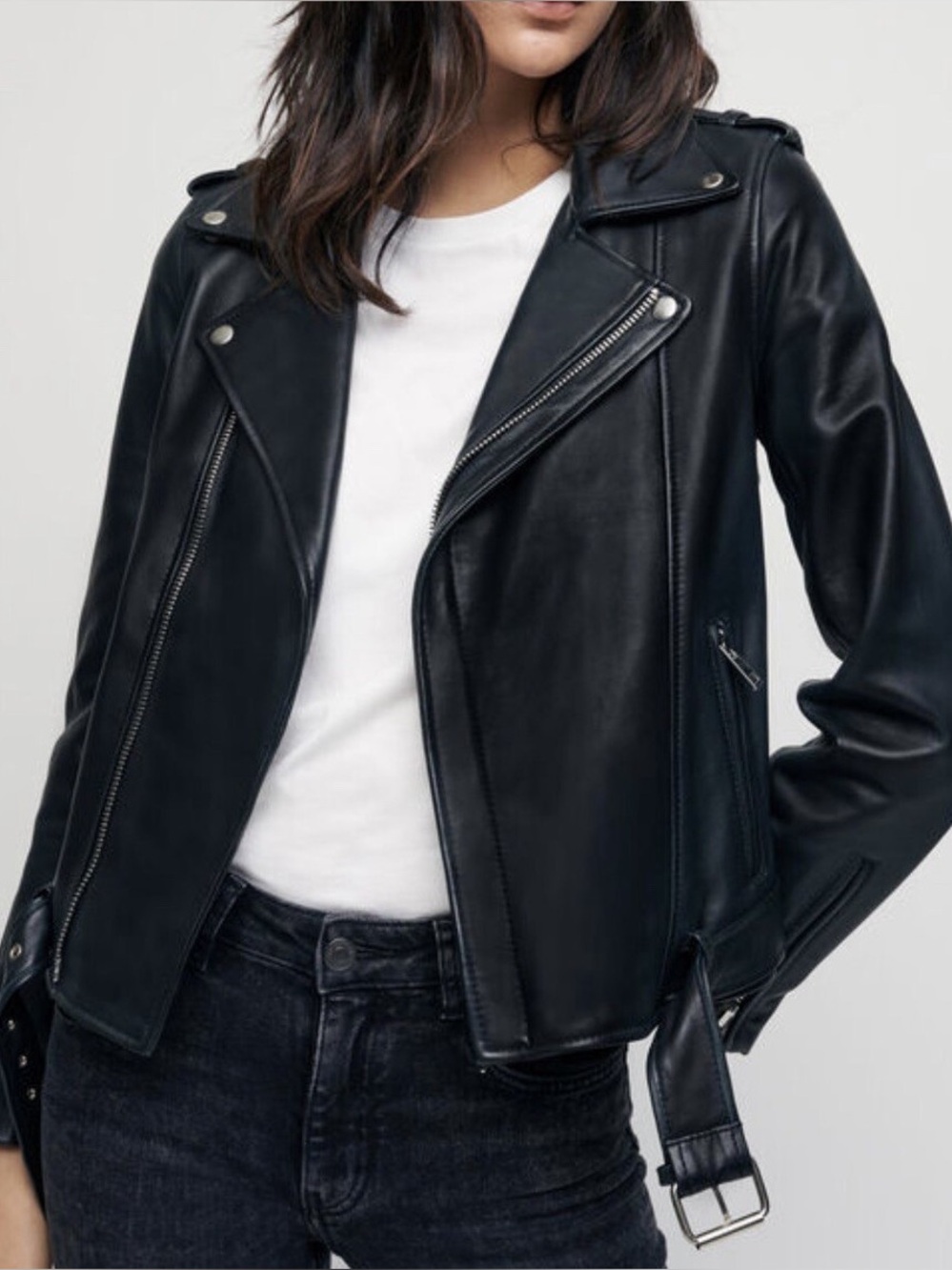Maje Black Leather Moto Jacket with Belted Hem
